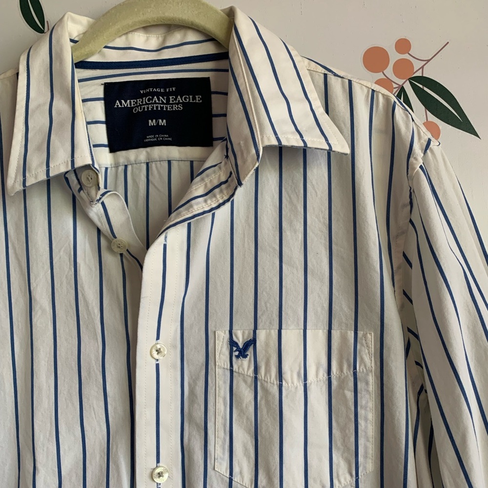 American Eagle Vintage Fit Pinstripe Long Sleeve Button Down Preppy Academia